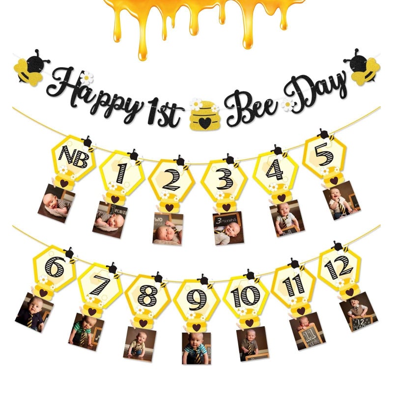 Faisichocalato 3PCS Happy Bee Day Party Decorations, Bumble Honey Bee 1st Birthday Baby Photo Banner for Newborn to 12 Months, Monthly Milestone Photograph Bunting Garland, First Birthday Celebration Decorations - Image 1